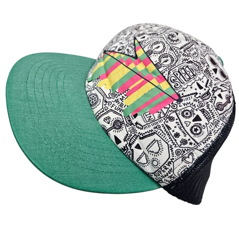 VINTAGE Speedo Unisex Mesh Trucker Snapback Hat‎ Bright Graphic Green Y2K Skulls